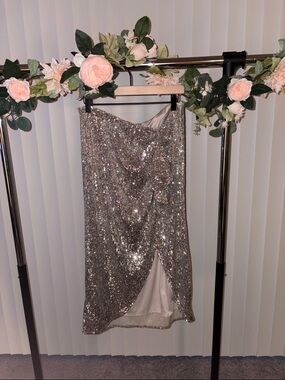 Express Sequin Midi Skirt Silver Glam Party Holiday Outfit - Sparkle!